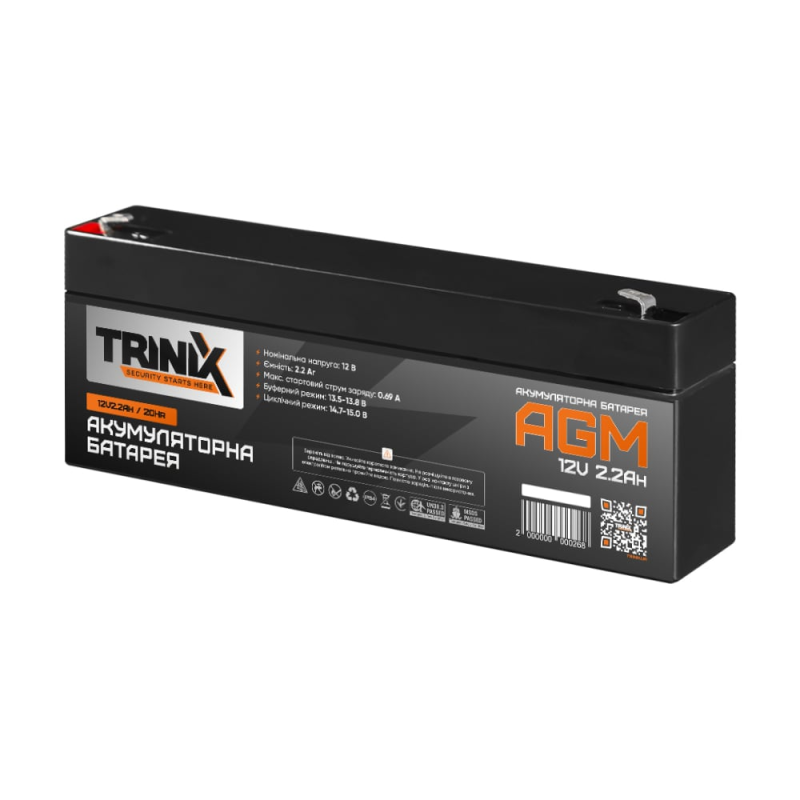 Акумуляторна батарея 12В 2.2Аг Trinix 12V2.2Ah/20Hr AGM свинцево-кислотна Акумуляторна батарея 12В 2.2Аг Trinix 12V2.2Ah/20Hr AGM свинцево-кислотна
