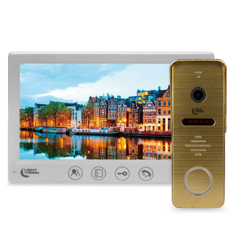 Комплект відеодомофона Light Vision: домофон 7“ AMSTERDAM FHD White та відеопанель RIO FHD Gold
