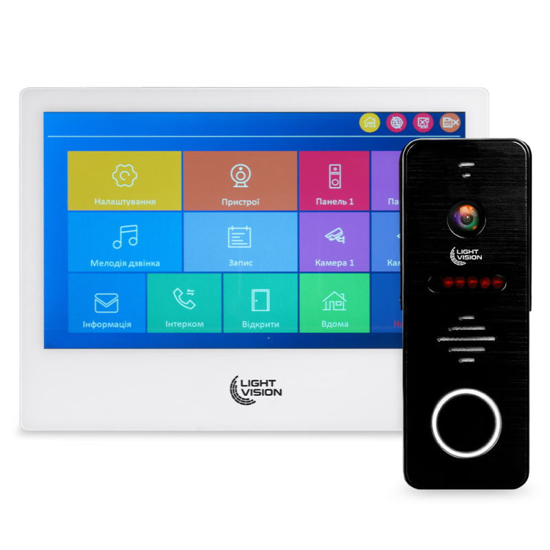 Комплект відеодомофона Light Vision: домофон 10“ SINGAPORE (AI) FHD White та відеопанель RIO FHD Black