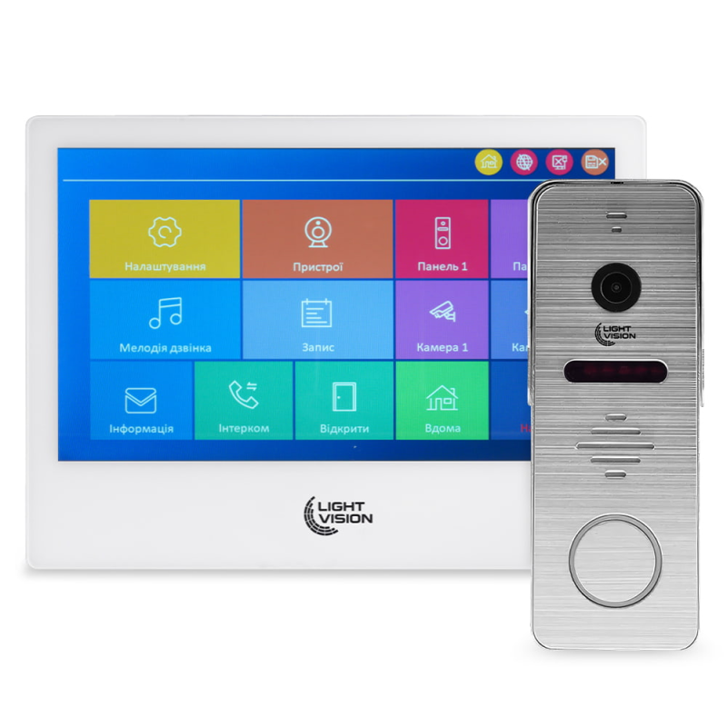 Комплект відеодомофона Light Vision: домофон 10“ SINGAPORE (AI) FHD White та відеопанель RIO FHD Silver