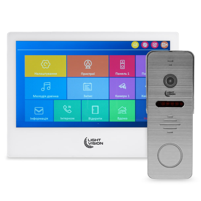 Комплект відеодомофона Light Vision: домофон 10“ SINGAPORE (AI) FHD White та відеопанель RIO FHD Grey