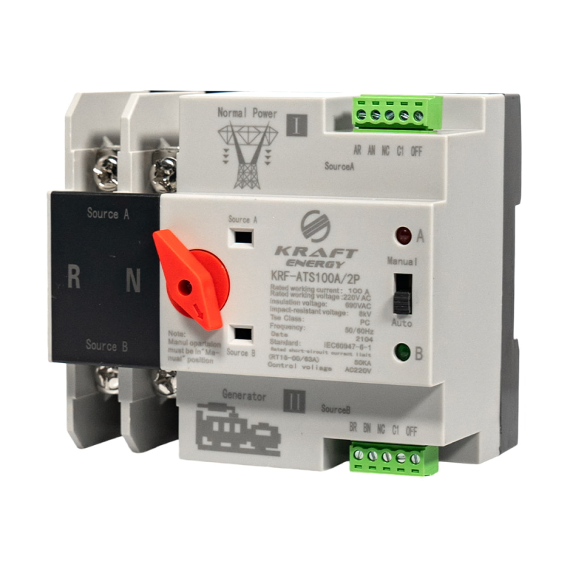 Автоматичний перемикач (АВР) під DIN-рейку Kraft KRF-ATS100A/2p 2 полюси Автоматичний перемикач (АВР) під DIN-рейку Kraft KRF-ATS100A/2p 2 полюси