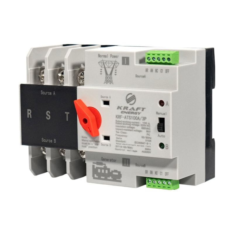 Автоматичний перемикач (АВР) під DIN-рейку Kraft KRF-ATS100A/3p 3 полюси Автоматичний перемикач (АВР) під DIN-рейку Kraft KRF-ATS100A/3p 3 полюси