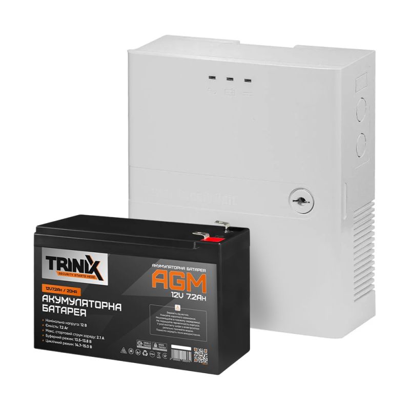 Комплект резервного живлення: джерело безперебійного живлення Kraft PSU-1203LED(P) і акумуляторна батарея Trinix 12В 7.2Аг AGM Комплект резервного живлення: джерело безперебійного живлення Kraft PSU-1203LED(P) і акумуляторна батарея Trinix 12В 7.2Аг AGM
