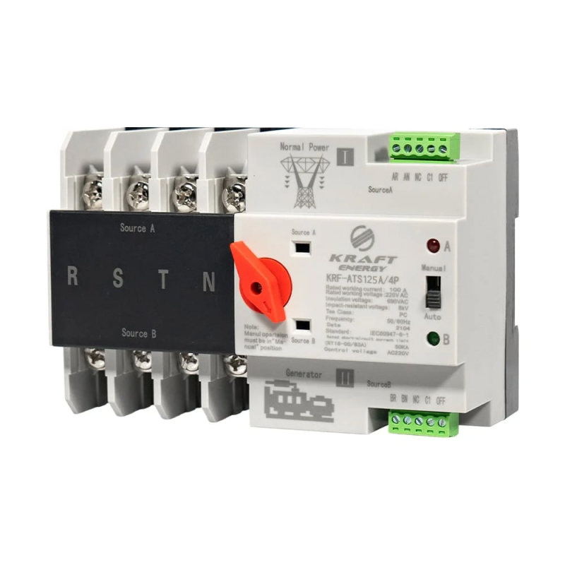 Автоматичний перемикач (АВР) під DIN-рейку Kraft KRF-ATS125A/4p 4 полюси Автоматичний перемикач (АВР) під DIN-рейку Kraft KRF-ATS125A/4p 4 полюси