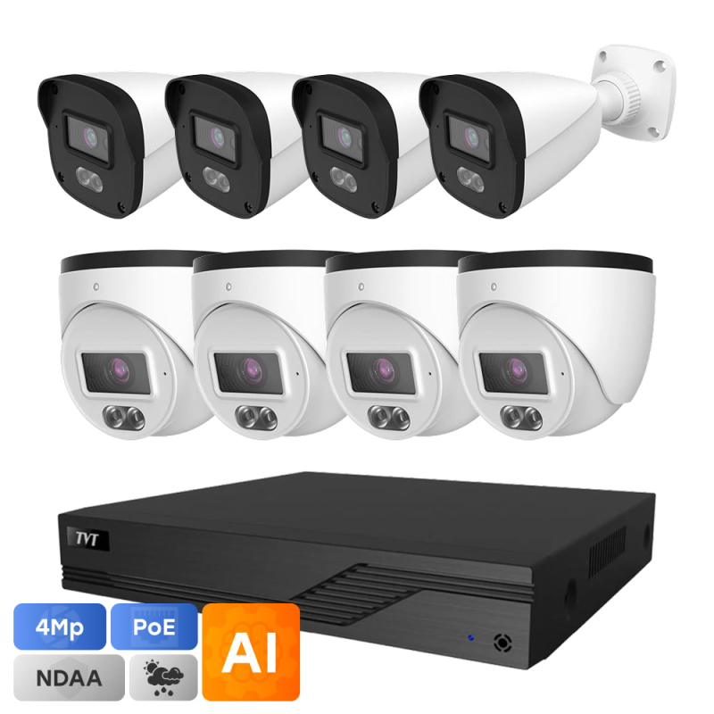 Комплект IP-відеонагляду на 8 камер TVT IP-Video Kit 8x4Mp (T/B) PoE: 4 циліндричні 4Mp відеокамери + 4 купольні 4Mp відеокамери + 8-канальний 6Mp відеореєстратор