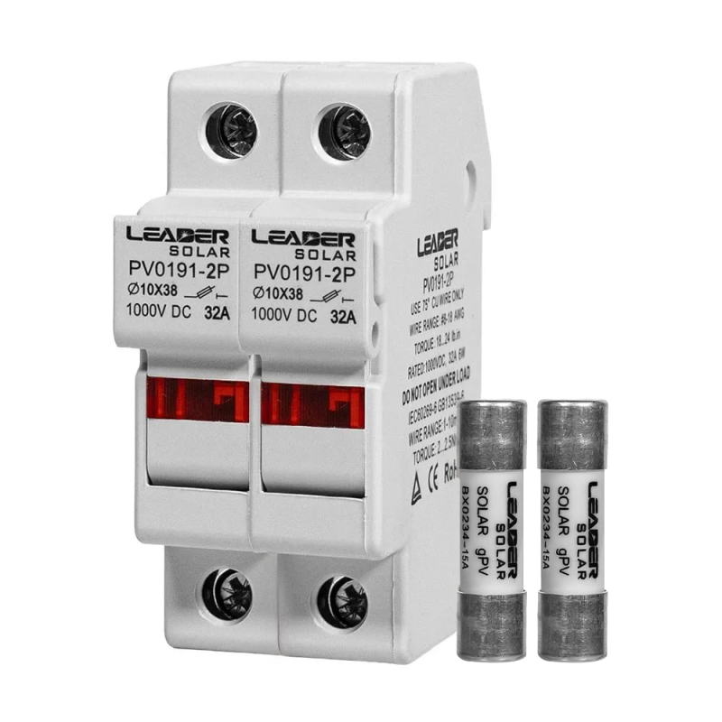 Комплект роз“єднувача та запобіжника 1000V Leader 32A PV0191-2P та 2 шт. 15A BX0234 для сонячних панелей Комплект роз“єднувача та запобіжника 1000V Leader 32A PV0191-2P та 2 шт. 15A BX0234 для сонячних панелей