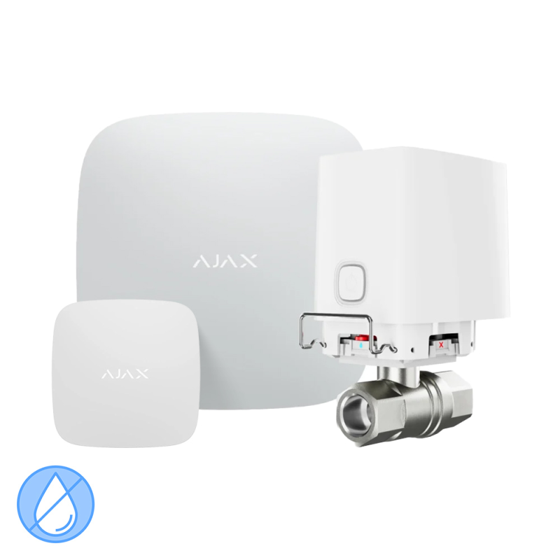 Комплект антипотоп Ajax: централь Hub2 (2G) + датчик затоплення LeaksProtect + кран перекриття води WaterStop 1“ (DN25), білий